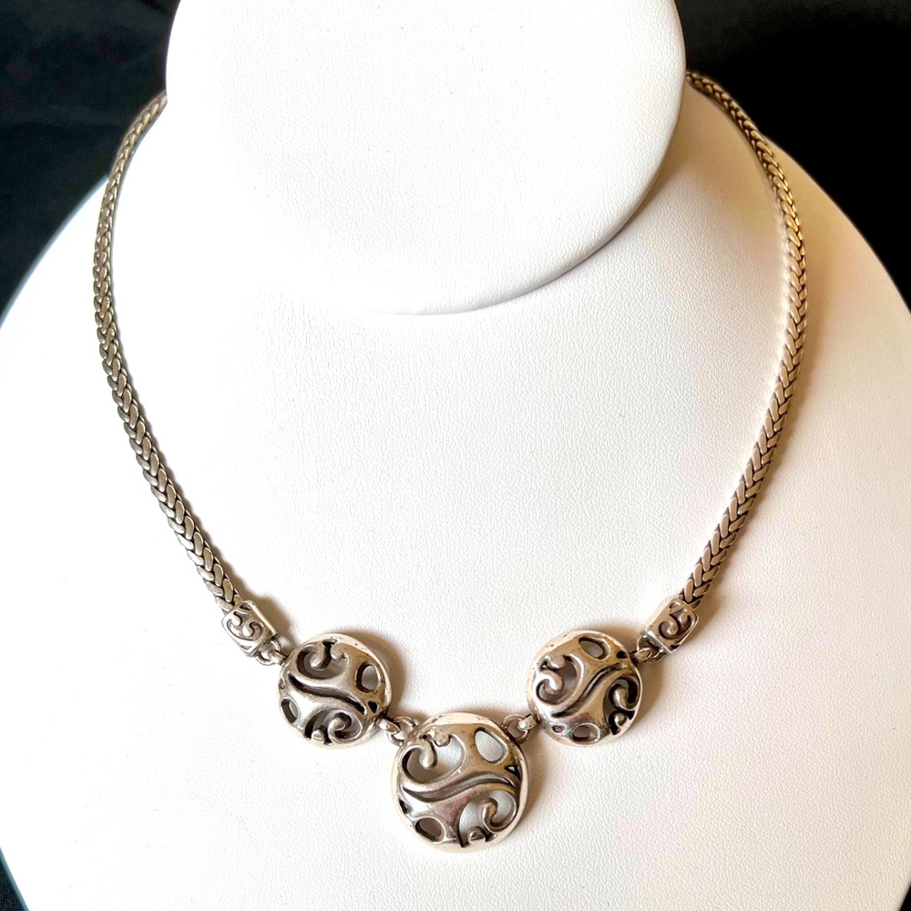 Brighton Necklace Three Swirling Disks Silver Plated EUC